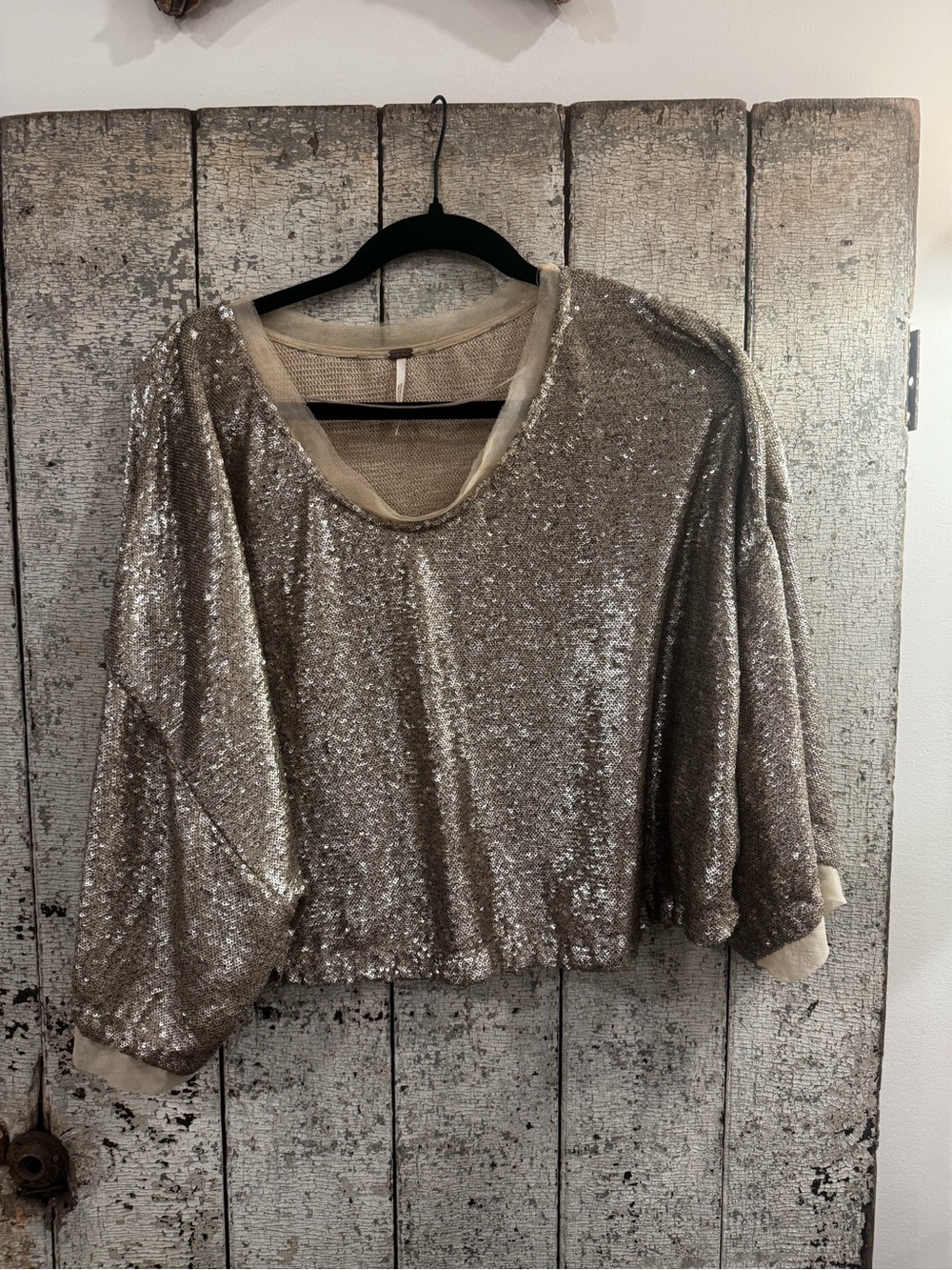 Free People Sequin Oversized Dolman Top Medium Taupe Champagne